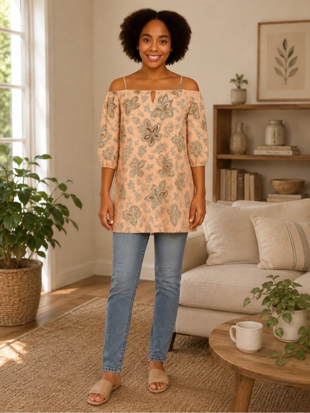 Hayden LA Peach Floral Elasticized Neckline Tunic Mini Dress NWT M #1371
